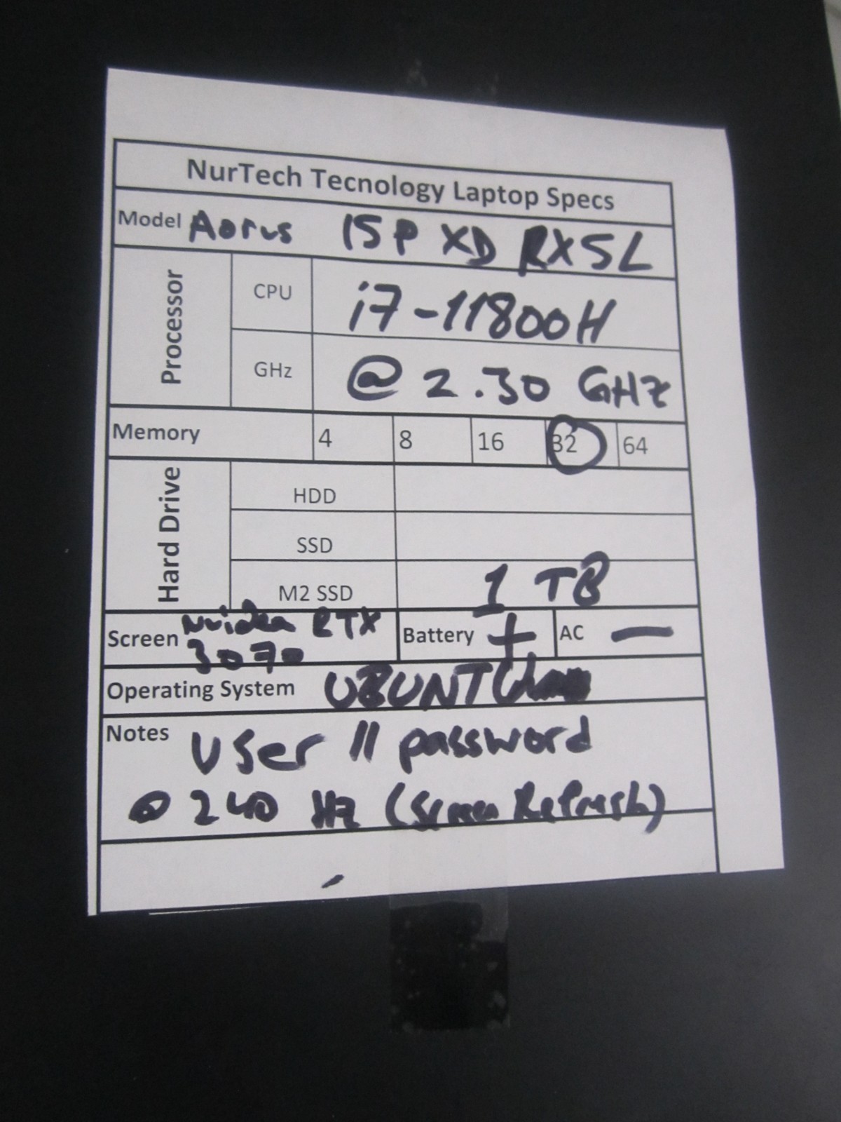 AORUS 15P XD RX5L Gaming i7 11th. 32GB 1TB 2.3GHZ Nvidia RTX3070 UBUNTU LAPTOP