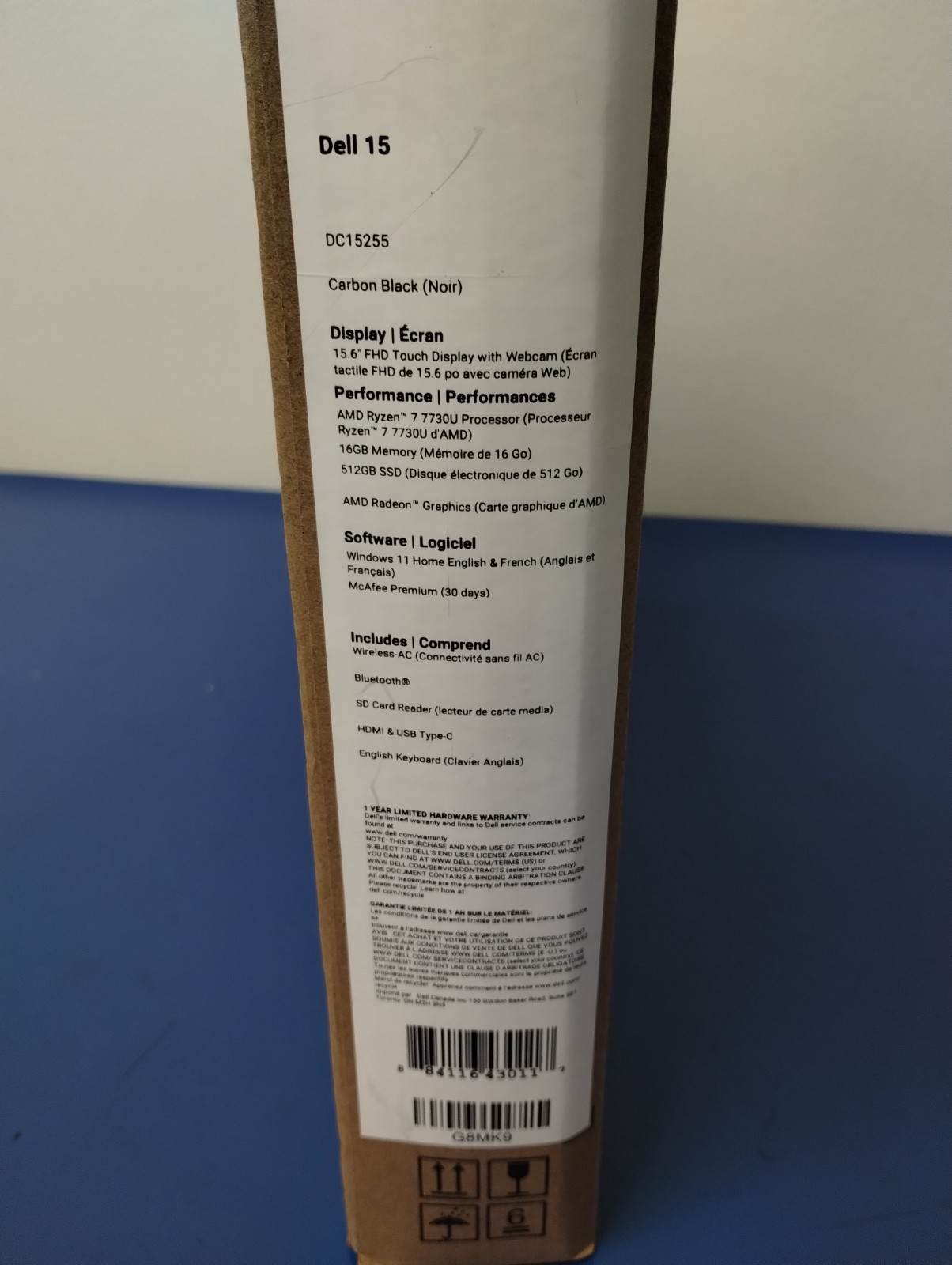 DELL 15 DC15255 G8MK9, AMD Ryzen 7 7730U, 2.00 GHz, 16 GB RAM, 512 GB NVMe SSD
