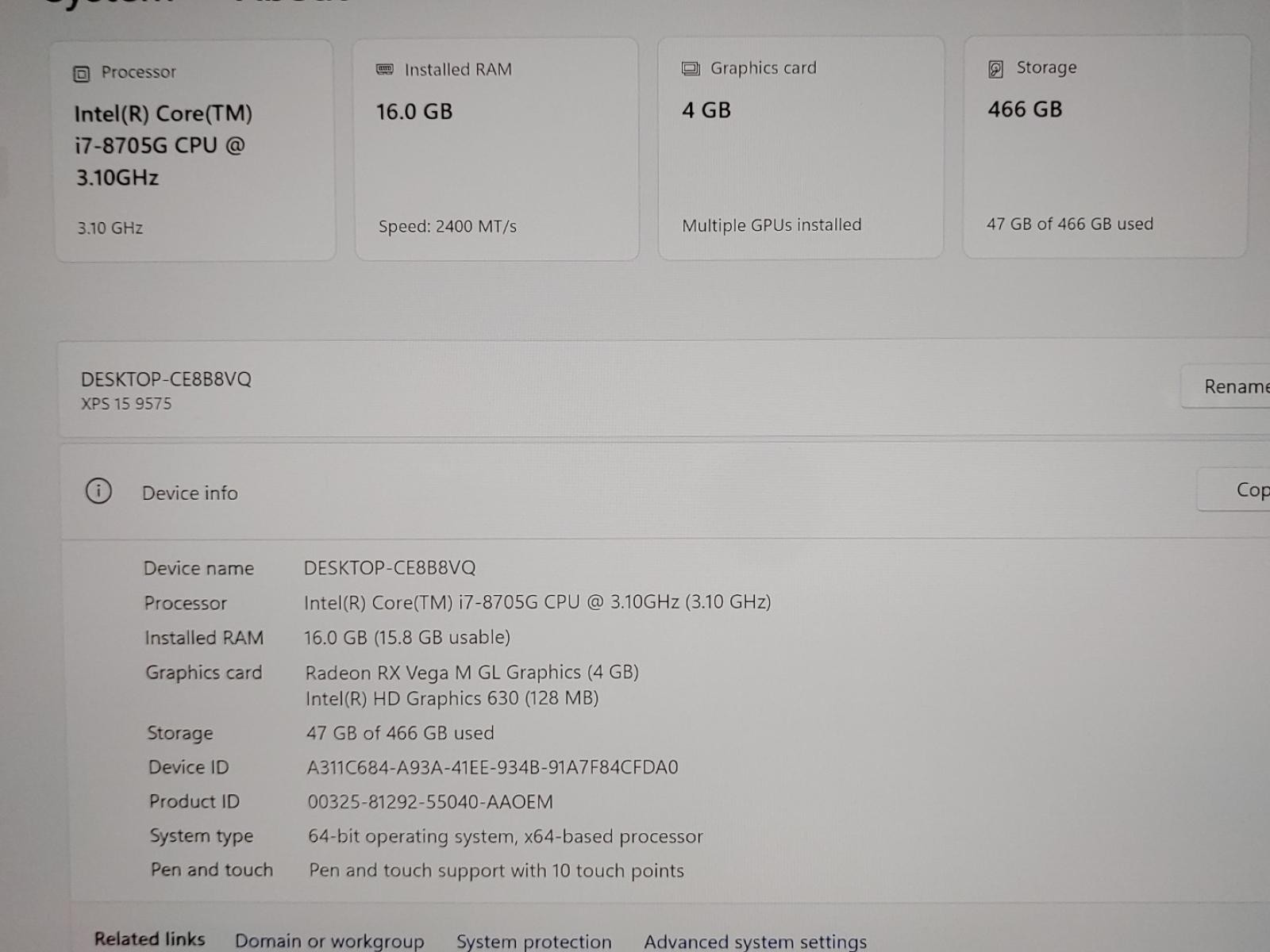 Dell XPS 15 9575 2-in-1 Touch i7-8705G 16GB 512GB Radeon RX Vega Win11 *NO A/C*