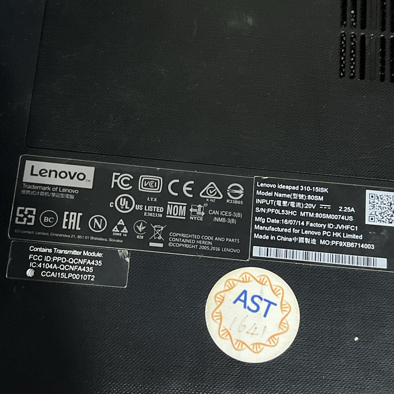 LENOVO IDEAPAD 310-15ISK INTEL CORE I7 8GB RAM NO HD ‘