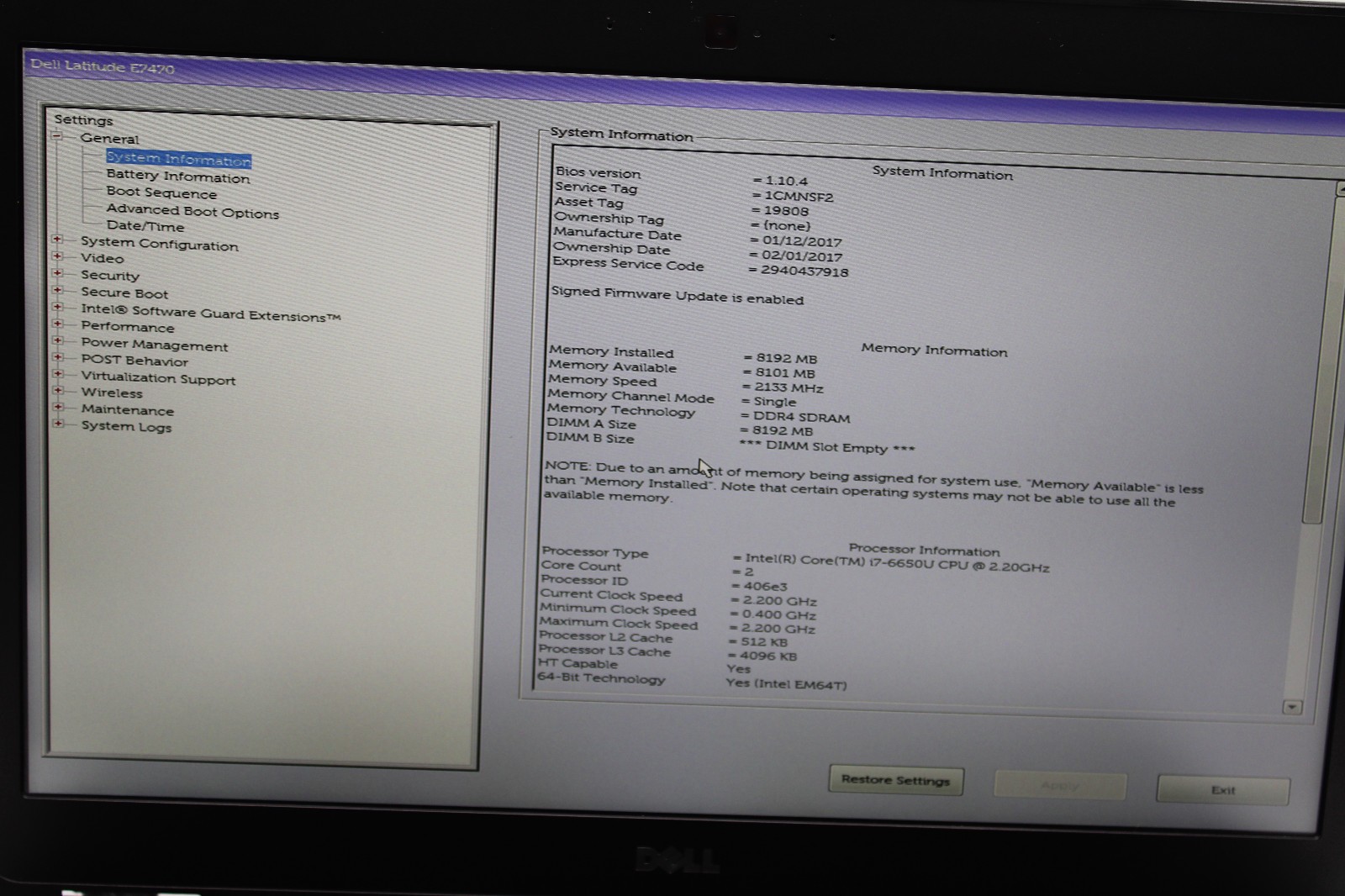 Dell Latitude E7470 _ i7-6650U @ 2.2 GHz 8GB RAM 256GB SSD No OS