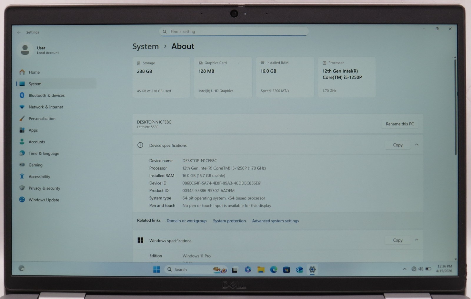 Dell Latitude 5530 | i5-1250P @ 1.70GHz | 16GB DDR4 | 256GB NVME | Win11 Pro