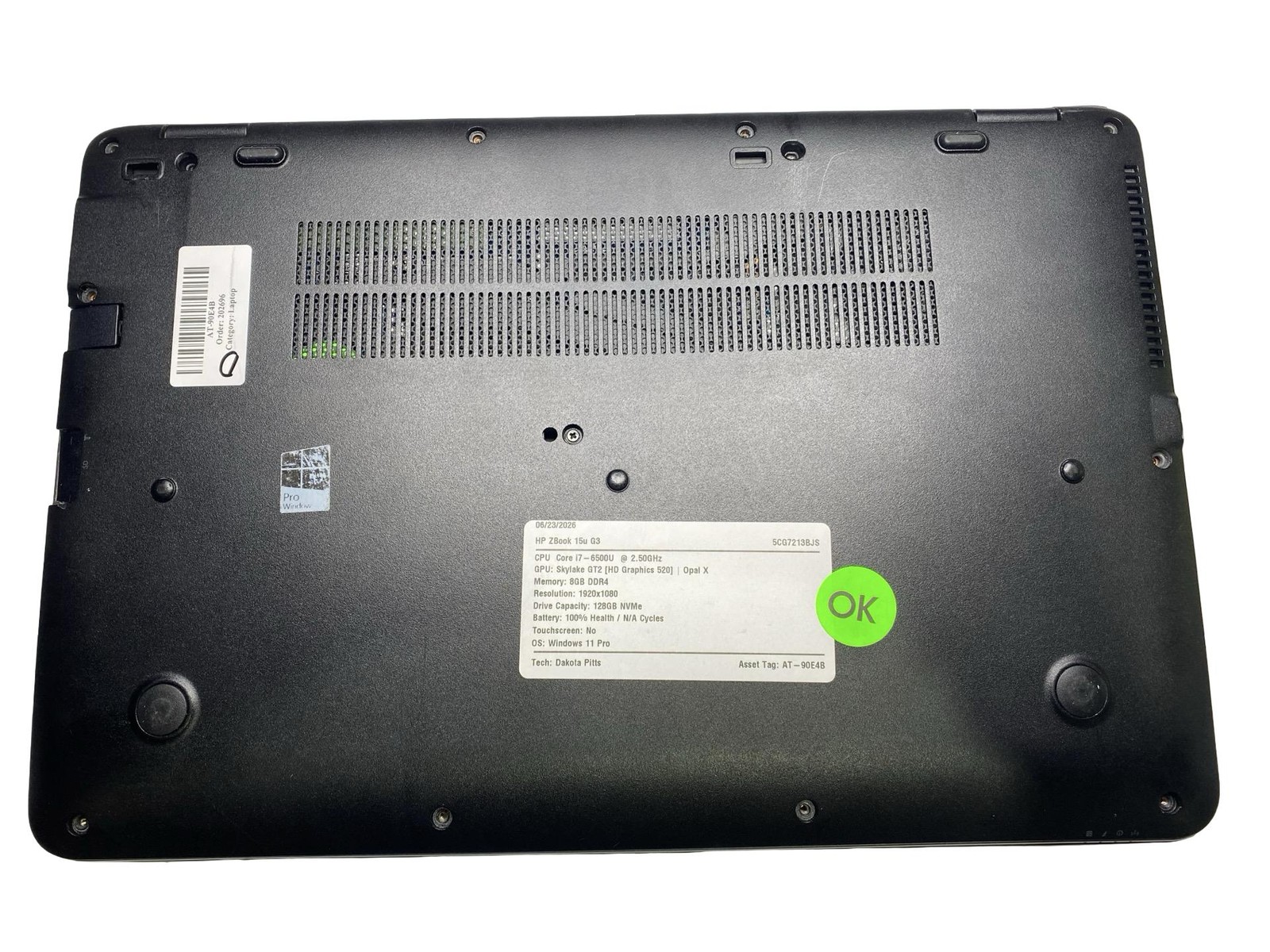 HP ZBook 15u G3 Core i7 6500U 8GB 128GB Win11Pro Grade D Battery Inc