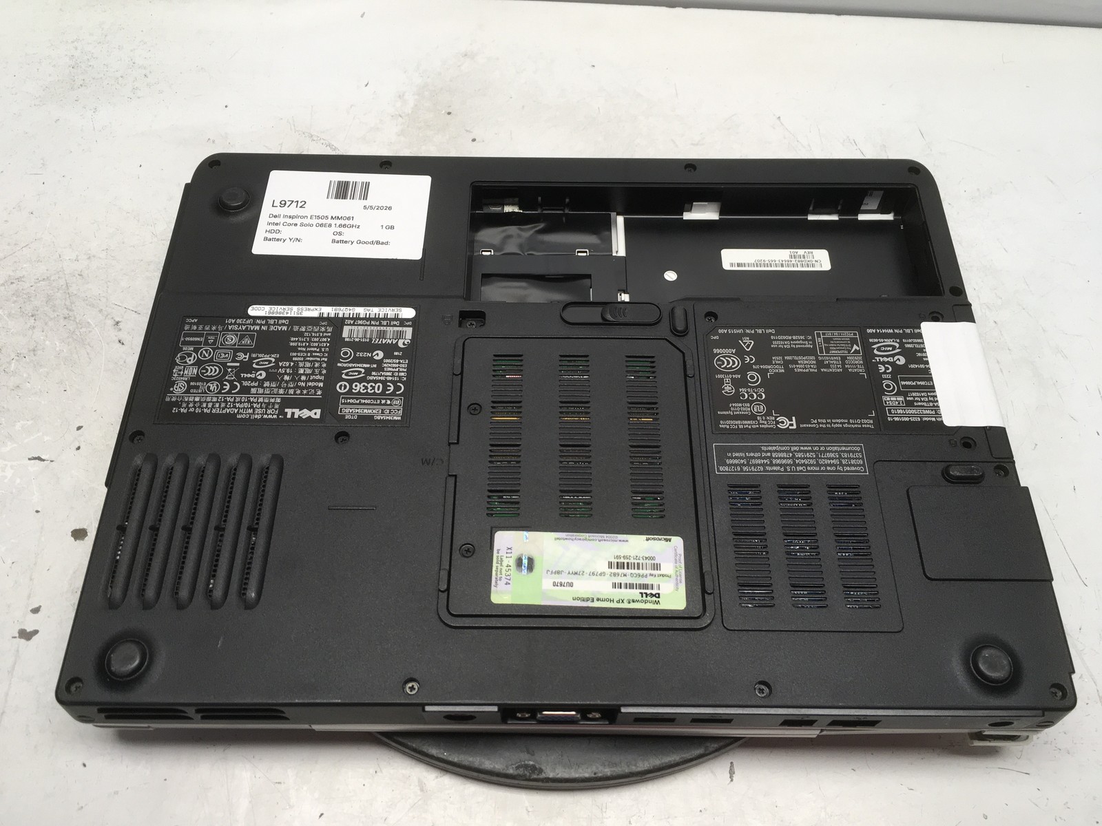 Dell Inspiron E1505 MM061 Intel Core Solo 06E8 1.66GHz 1 GB NO HDD No Batt