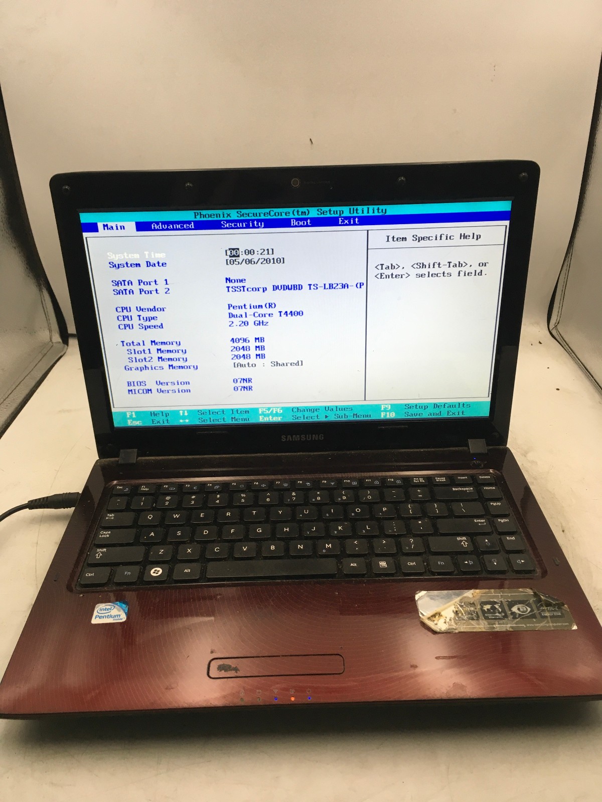 SAMSUNG R480 NP-R480L – BOOTS TO BIOS – INTEL PENTIUM T4400 – 4GB RAM – READ -BB