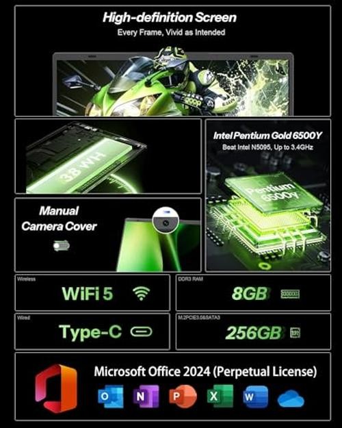 15.6 Inch Laptop with Pentium Gold 6500Y(Up to 3.4GHz), 8GB RAM 256GB 256 GB