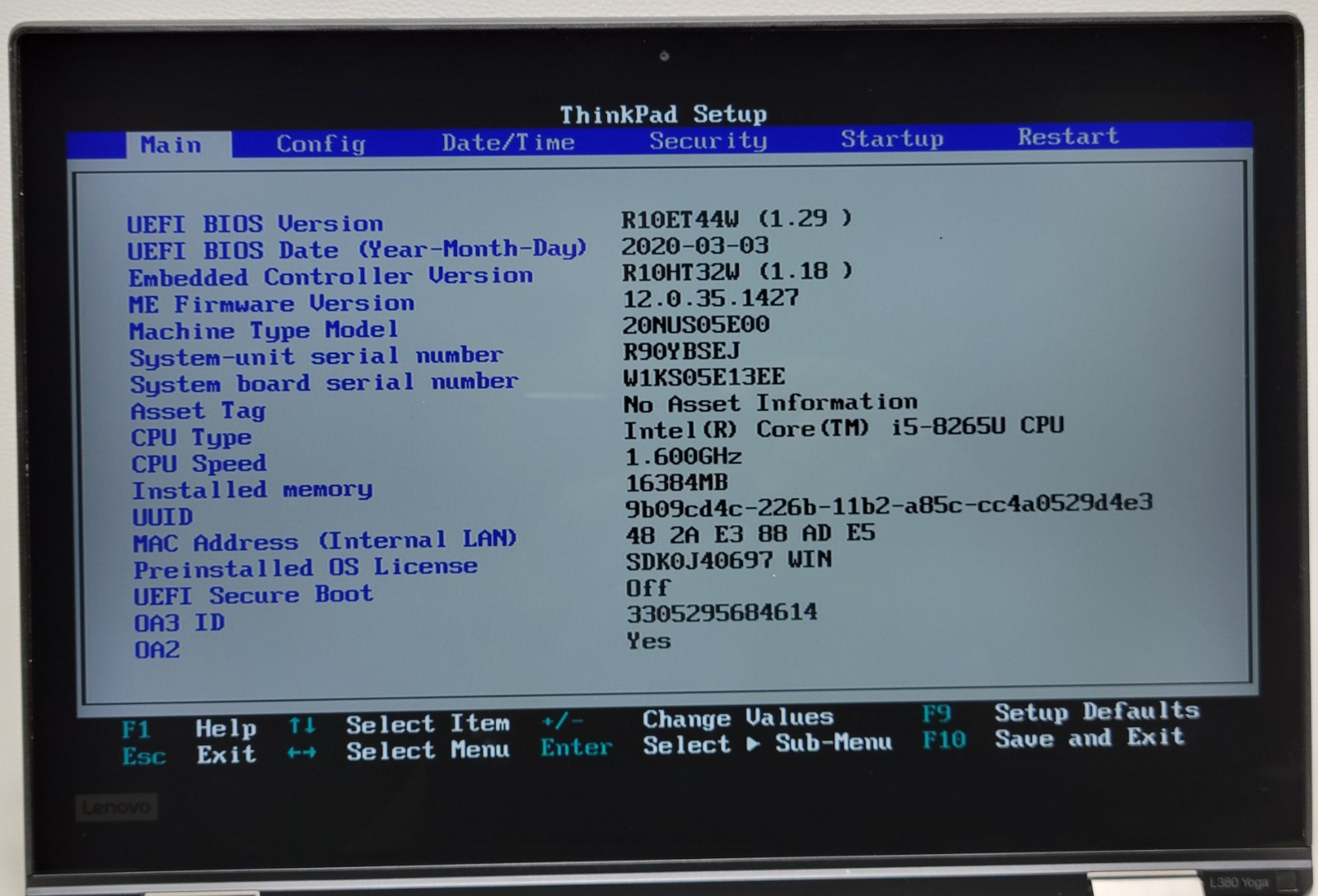 THINKPAD L380 YOGA i5-8265U 16GB RAM NO ADAPTER (UID TE5664FD70)