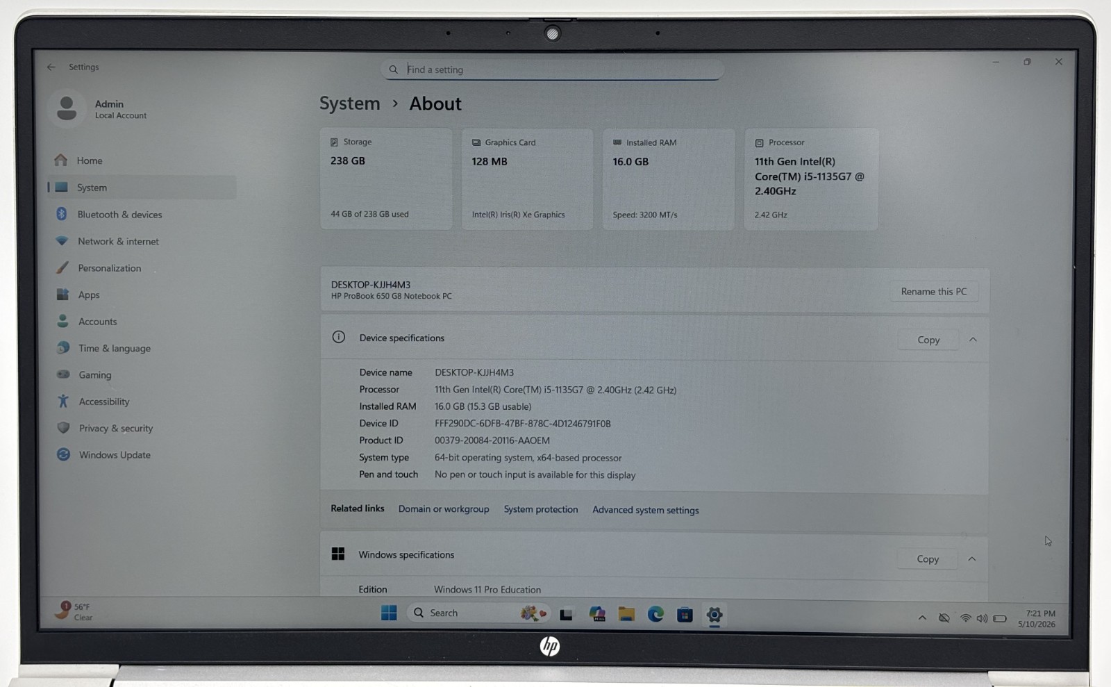 HP PROBOOK 650 G8 | Laptop | CORE I5-1135G7 2.40GHZ | 256GB | 16GB | WIN11Pro