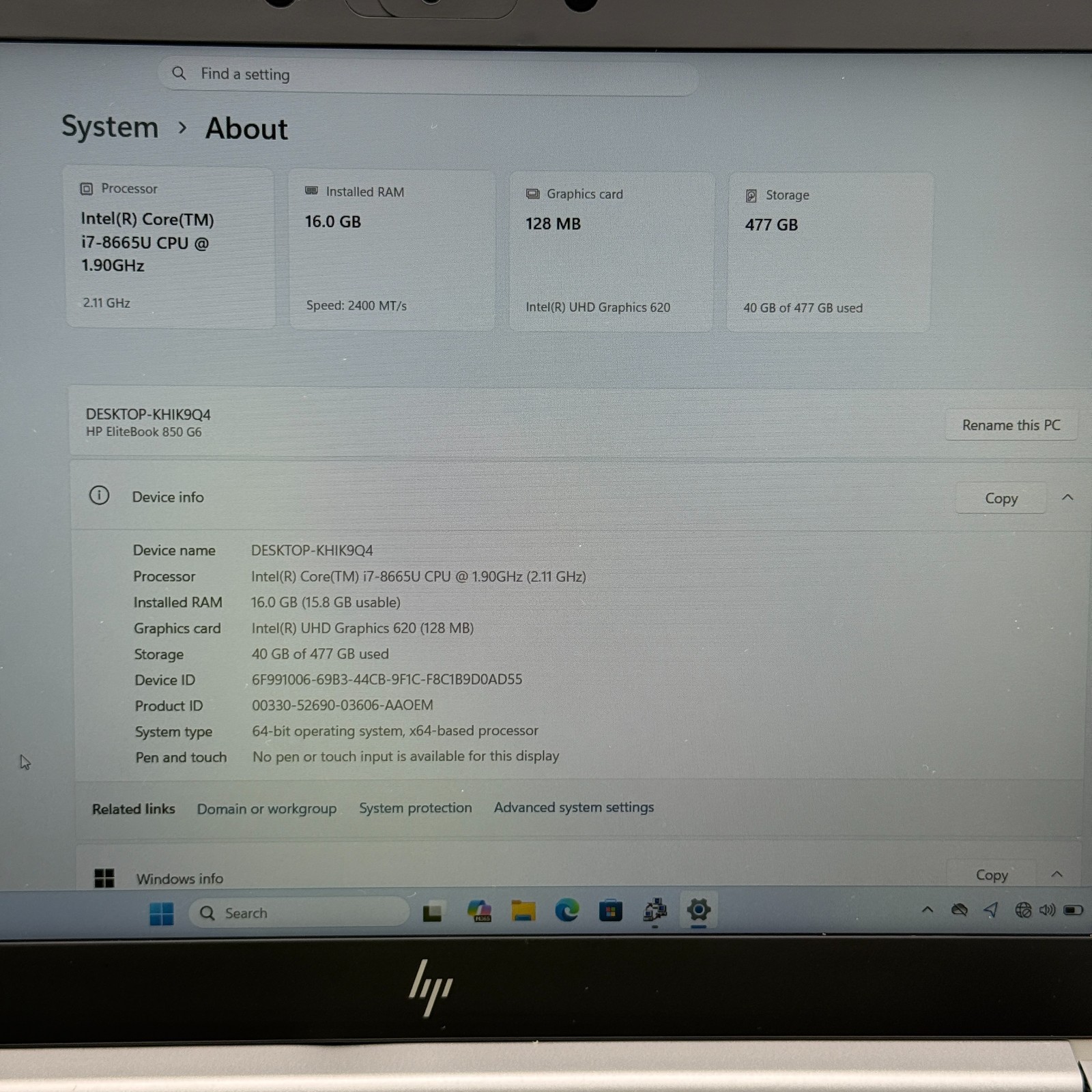 HP EliteBook 850 G6 15.6″ i7-8665U 16GB 512GB SSD Win 11 Pro Good