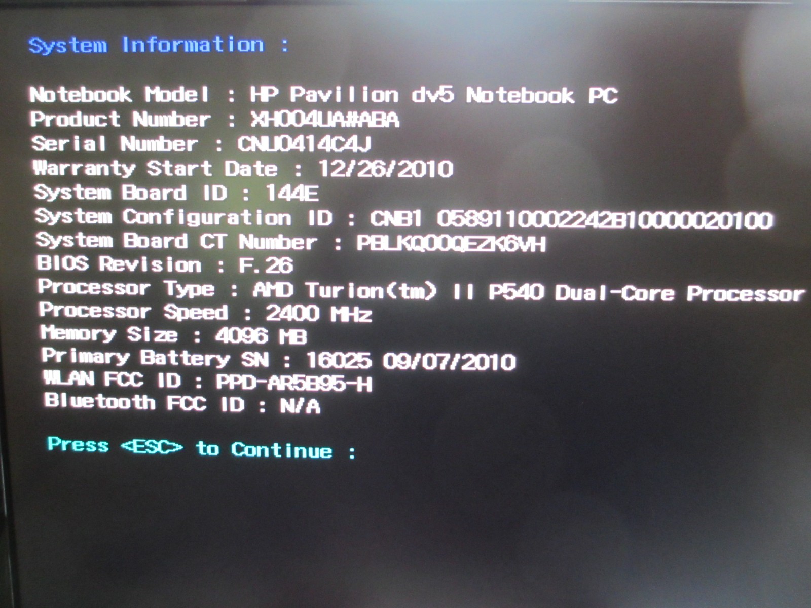 HP Pavilion dv5 Laptop/Notebook PC For Parts/Repair with AC Adapter, AMD 2.4GHz