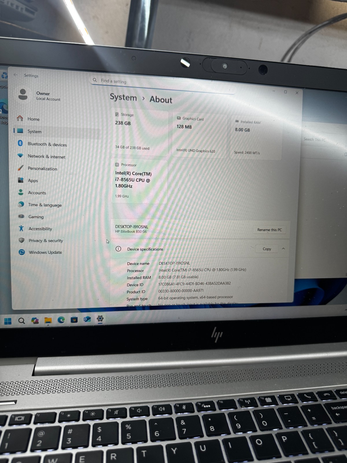 HP EliteBook 850 G6 i7-8565U, 8GB RAM, 256GB SSD, Win11 PRO #6131