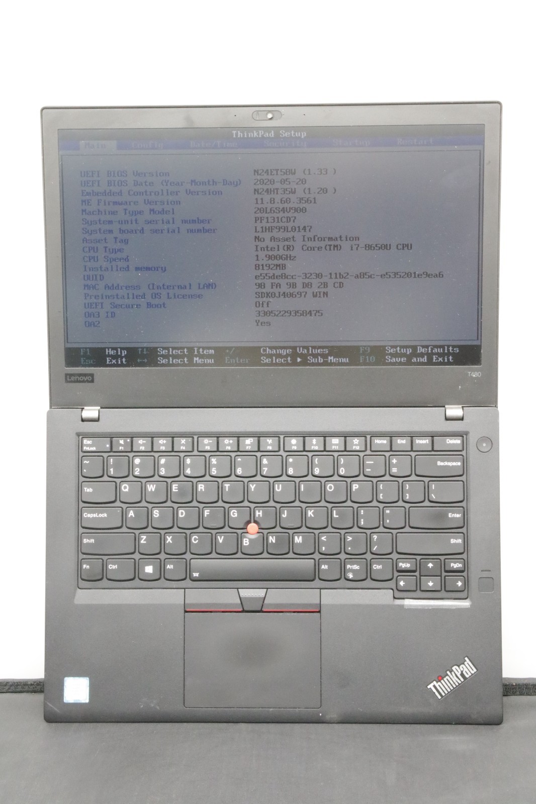 Lenovo ThinkPad T480 – i7-8650U – 8GB, No SSD, No Windows +Adapter