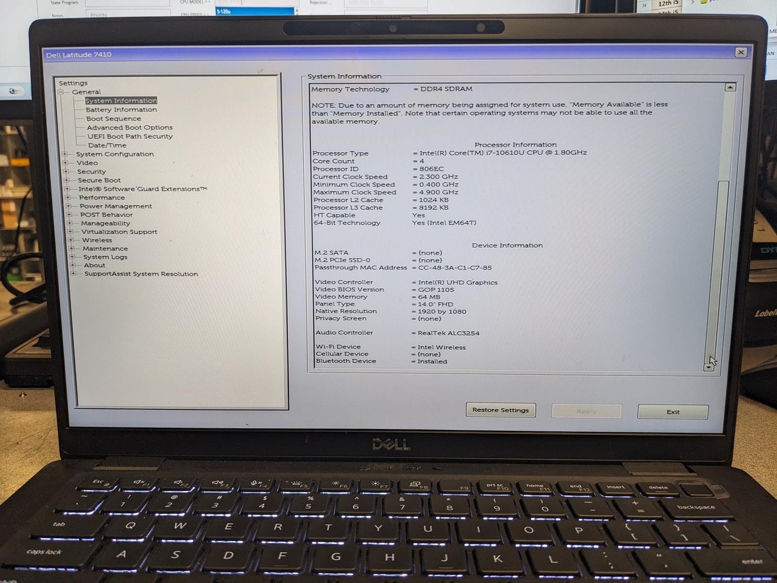 DELL LATITUDE 7410 i7-10610U @ 1.80GHz, 16GB RAM, NO HDD/OS