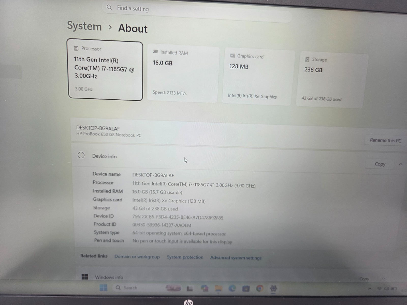 HP PROBOOK 650 G8 i7-1185G7 3.00GHZ 16GB–256GB SSD WIN 11 PRO