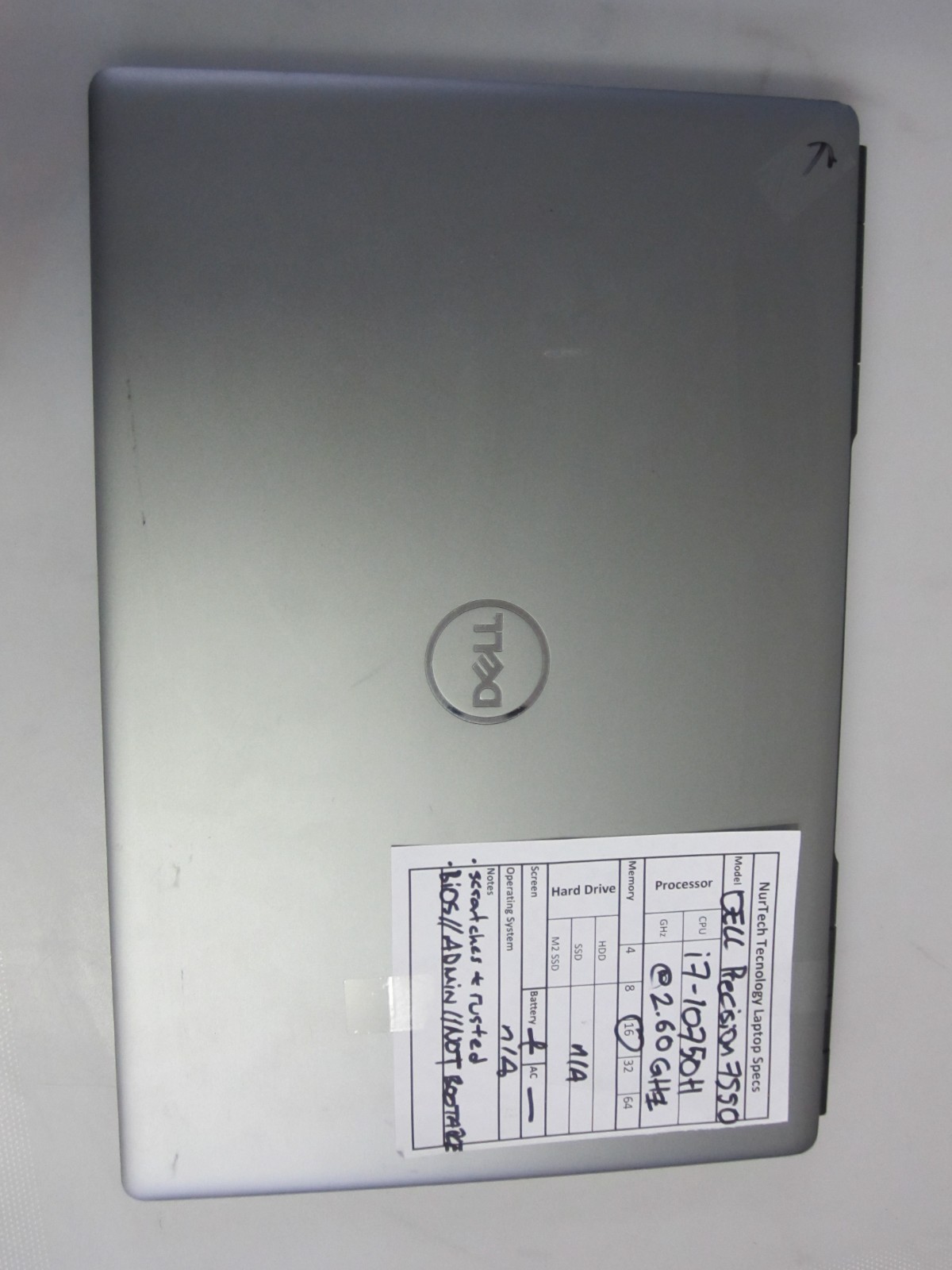 DELL PRECISION 7550 i7-10750H 2.60GHz 16GB Laptop NO AC/OS/HDD BIOS