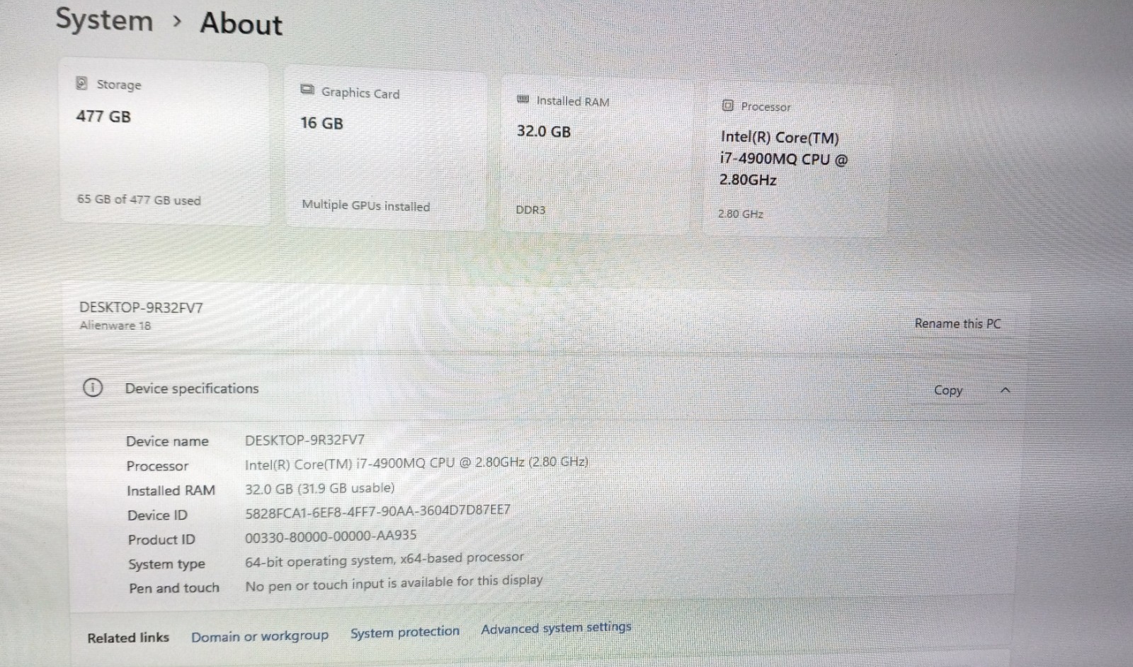 Dell Alienware 18 laptop I7-4900mq 2.8-4Ghz 32GB 512GB SSD NVIDIA “P5000” AX210