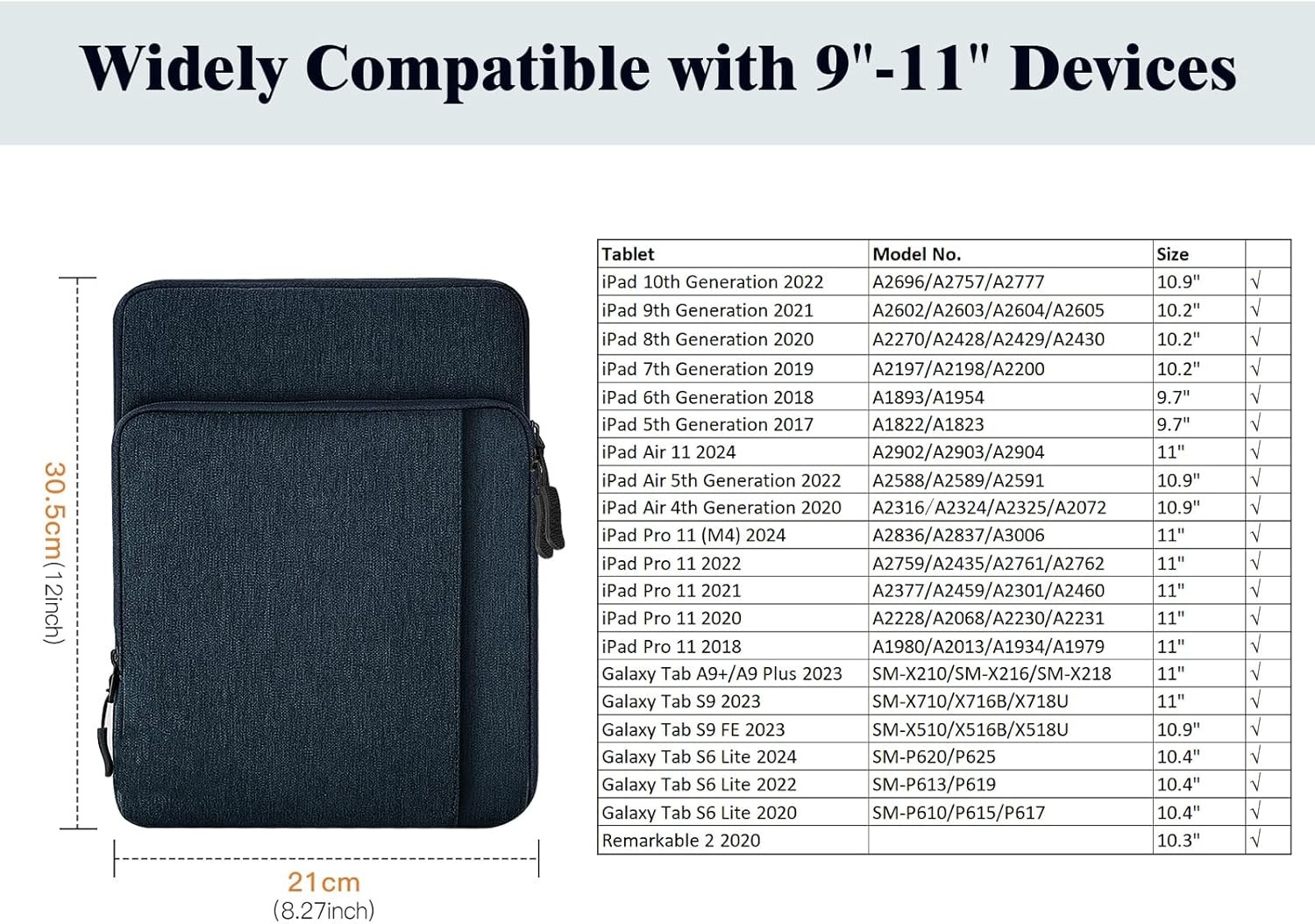 9-11 Inch Tablet Sleeve Bag for iPad 11-inch A16 2025, iPad 10th Gen. 10.9″