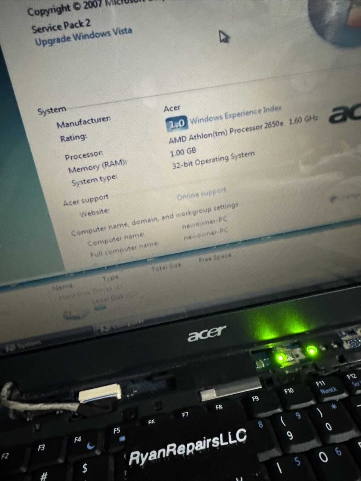 Acer Aspire 5515 15.4″ Laptop AMD 2650e 1.6GHz 1GB RAM 150GB HDD FOR PARTS ONLY