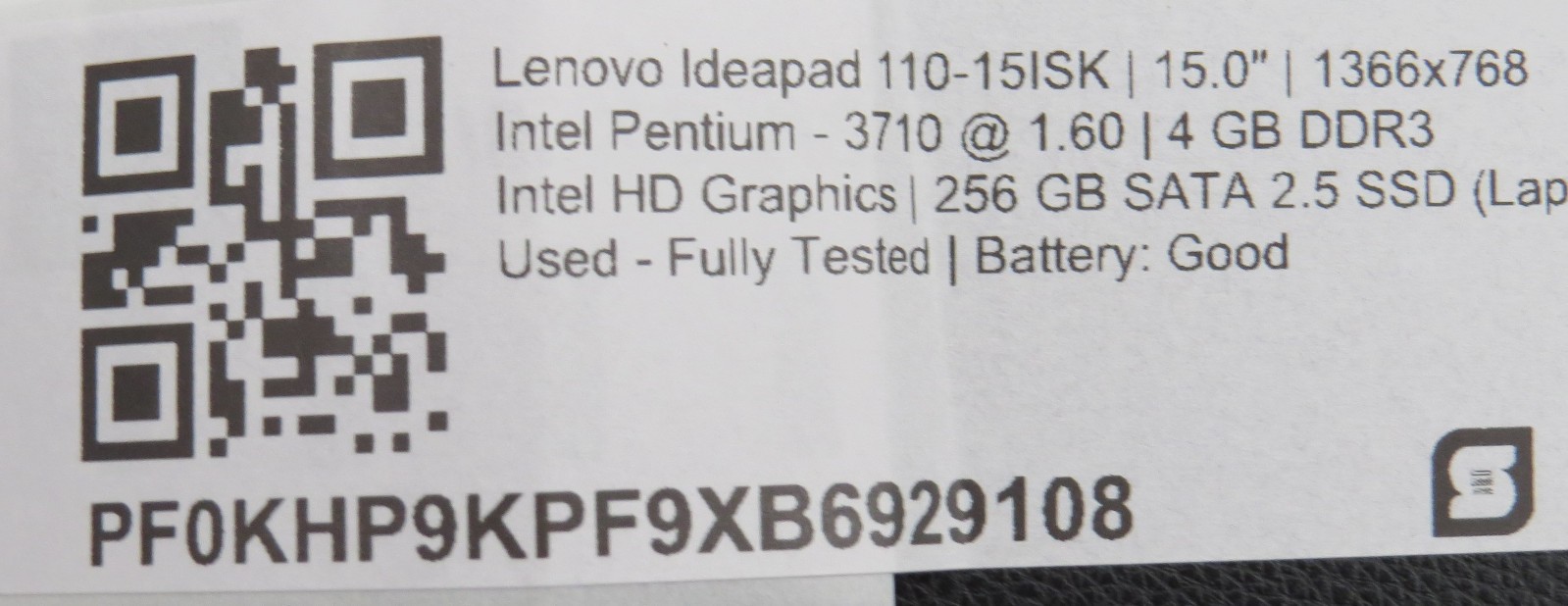 Lenovo Ideapad 110 Pentium 3710 @ 1.6 4GB DDR3 256GB SSD 15″ No OS
