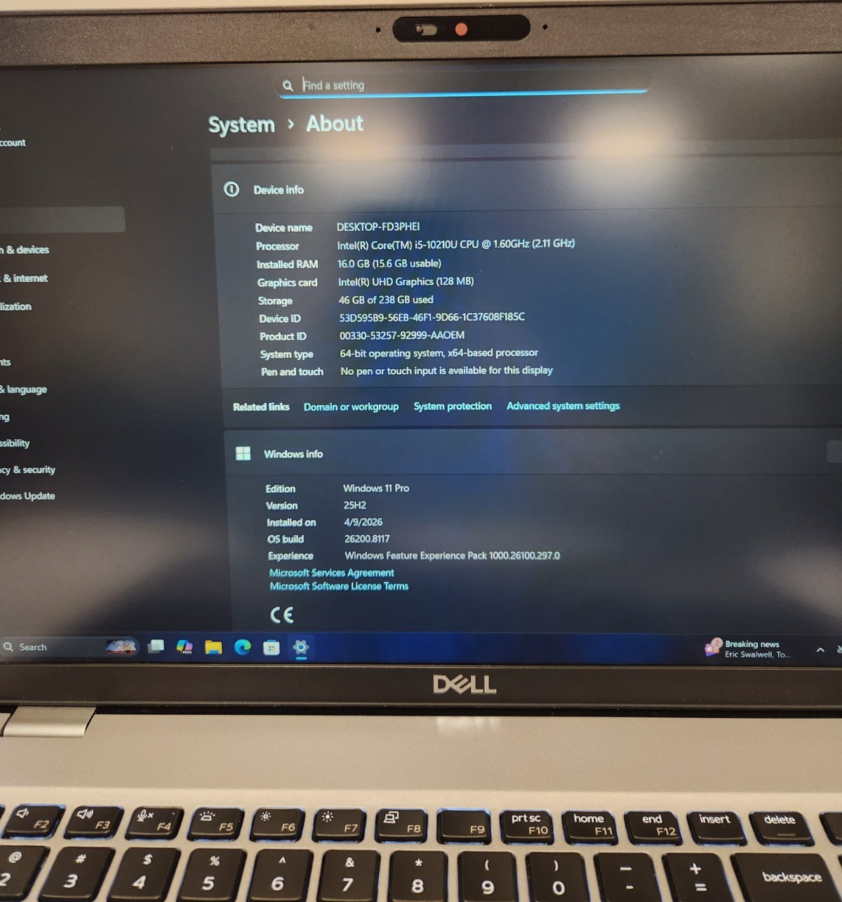 Dell Latitude 5510 Core i5-10210U, 16GB RAM, 256GB NVME, Win11 *READ #0448