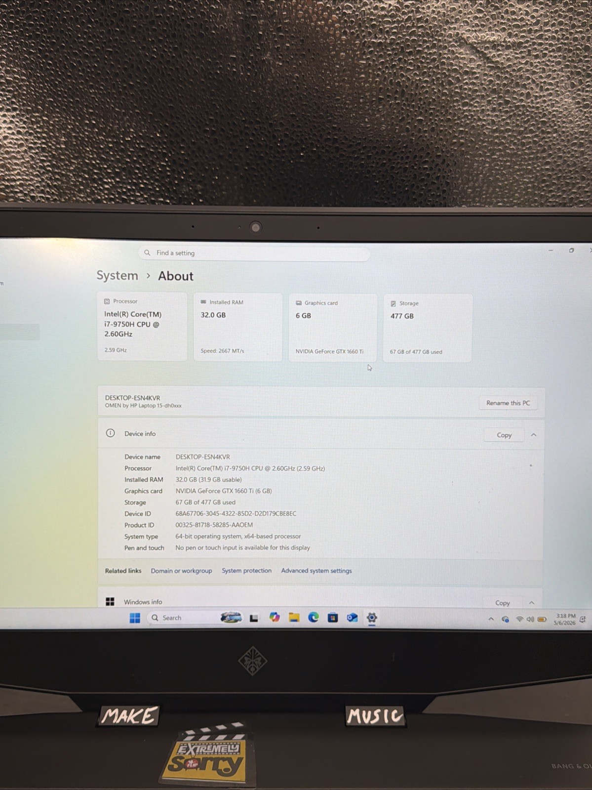 USED HP OMEN 15.6″ FHD (I7-9750H @2.60GHz, 512GB SSD, 32GB RAM, GTX 1660 Ti)