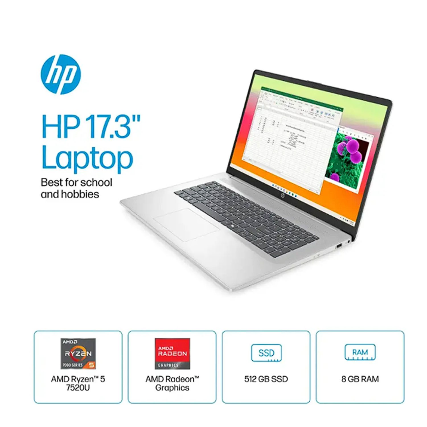 HP 17.3″ Full HD Laptop 4-core AMD Ryzen 5 7520U 8GB RAM 512GB SSD Win 11 Home