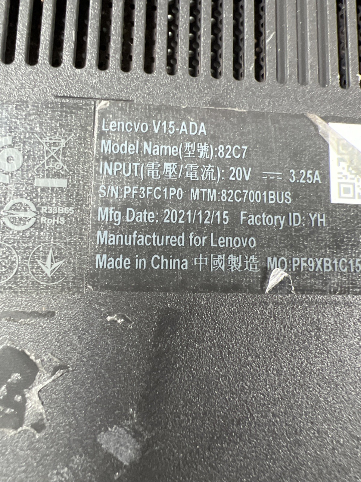 LENOVO V15-ADA AMD ATHLON GOLD 3150U 8GB RAM **NO HD/ NO CADDIE/ NO OS