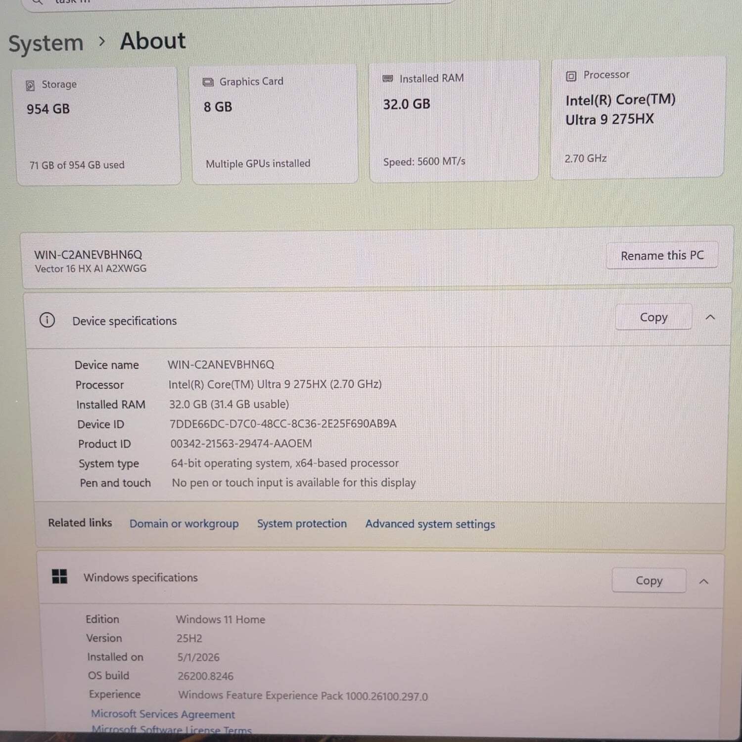 MSI Vector 16 HX AI A2XW MS-15M4 Ultra 9 275HX 2.7GHz 32GB RAM 1TB