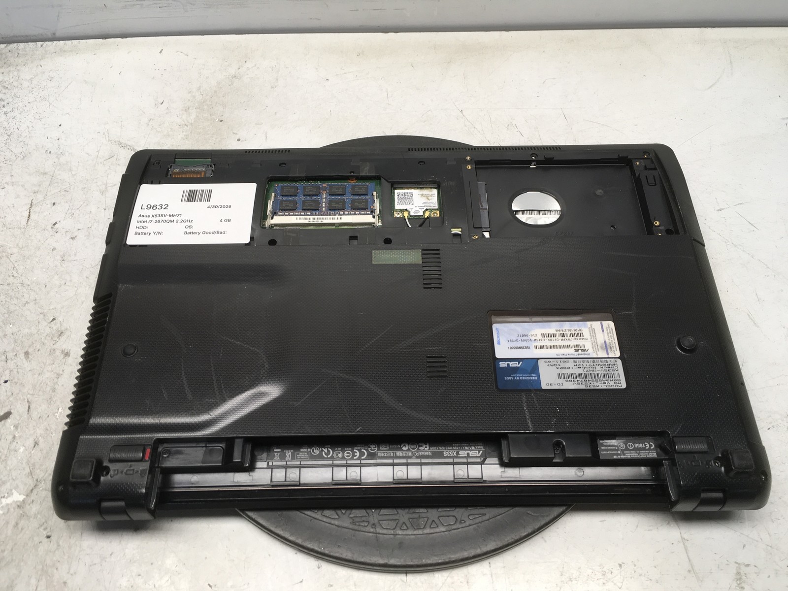 Asus X53SV-MH71 Intel i7-2670QM 2.2GHz 4 GB NO HDD No Batt