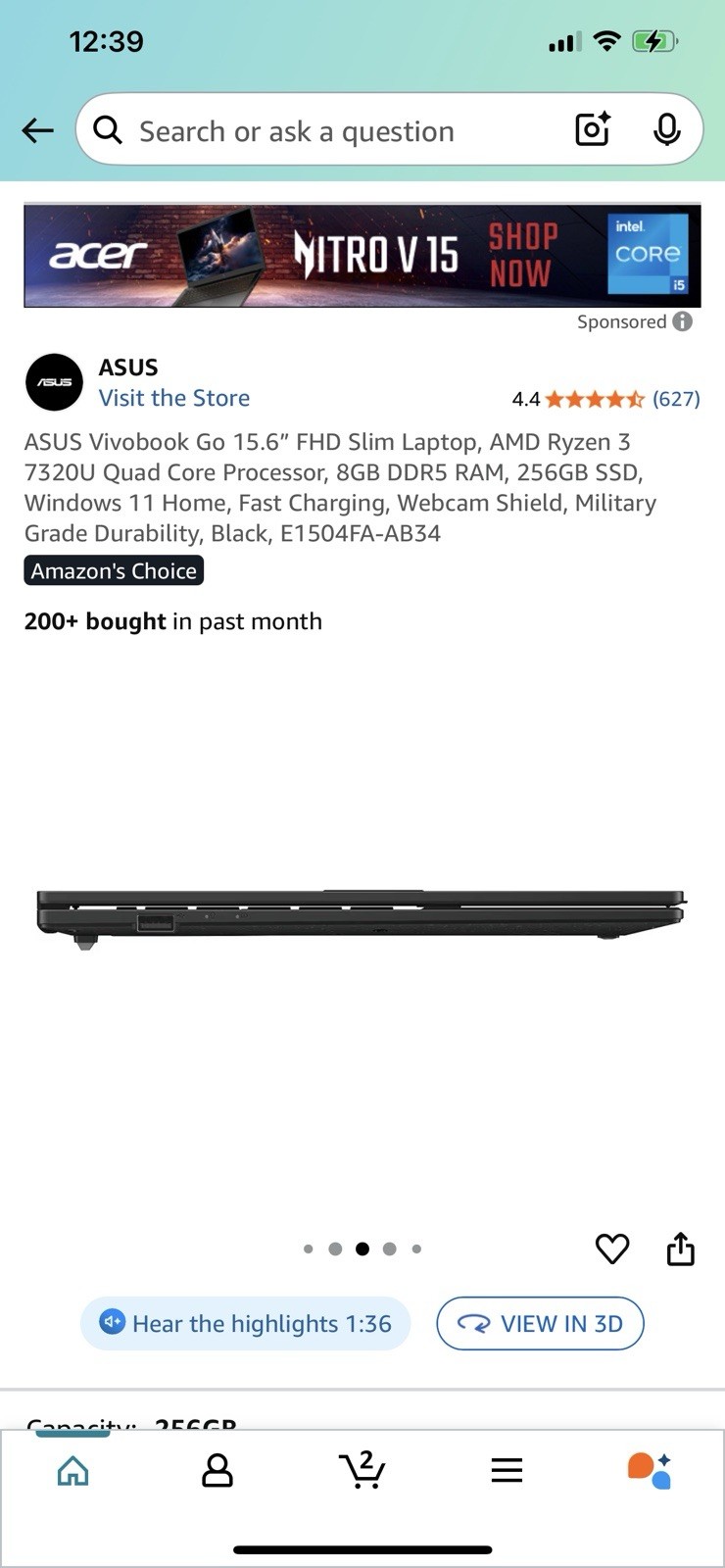 ASUS Vivobook Go 15.6” FHD Slim Laptop, AMD Ryzen 3 7320U