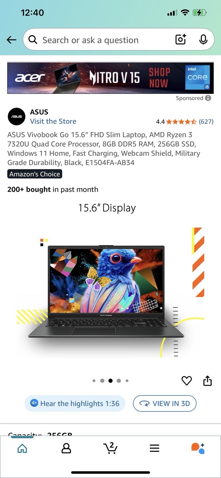 ASUS Vivobook Go 15.6” FHD Slim Laptop, AMD Ryzen 3 7320U