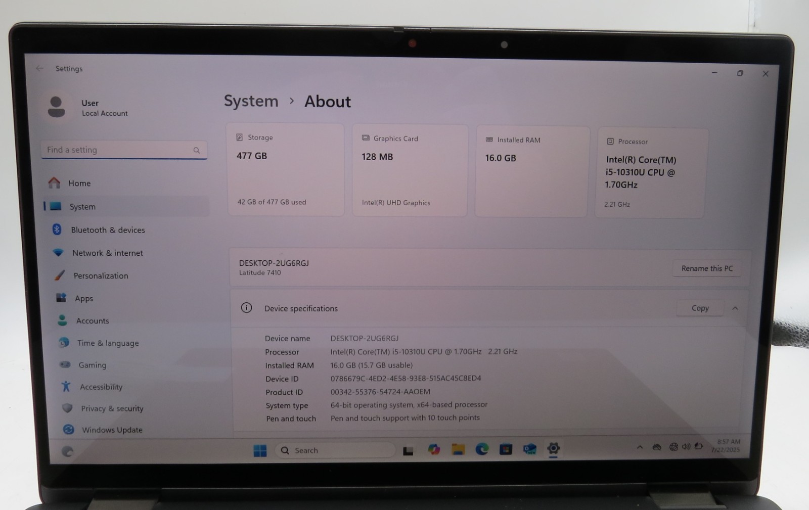 Dell Latitude 7410 Touch _ i5-10310U @ 1.7 _ 16GB RAM _ 512GB SSD _ W11P