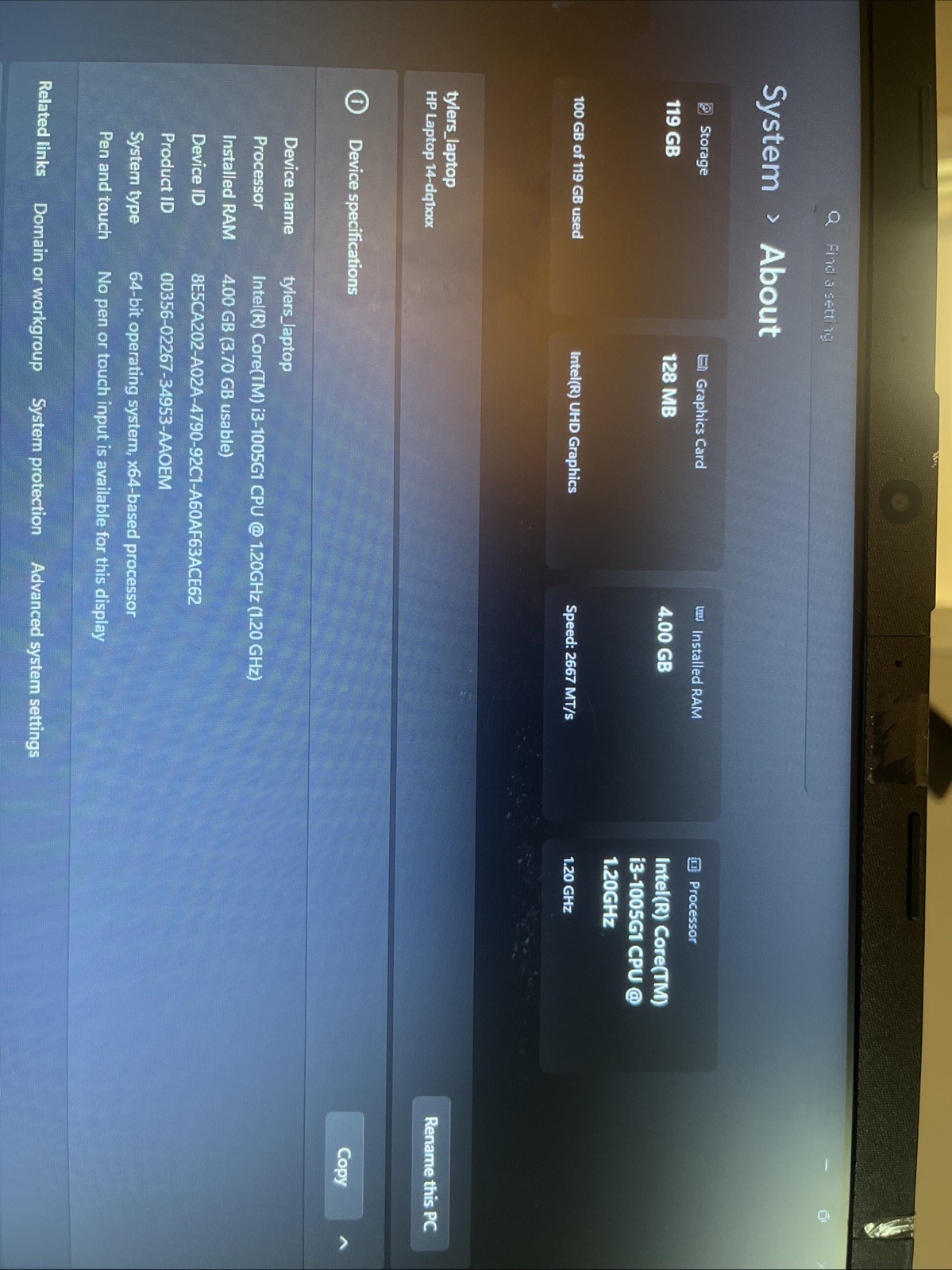 ho laptop Intel i3-1005Gi CPU 1.20GHz 4.00 GB RAM 128mb Graphics 120GB Storage