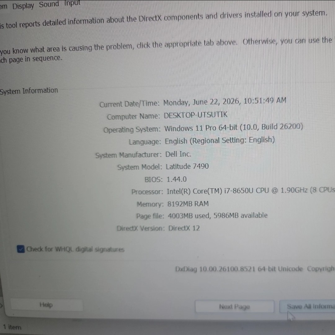 Dell Latitude 7490 14″ Core i7-8650U 1.9GHz 8GB RAM ,WIN 11 Pro, 250GB HDD.