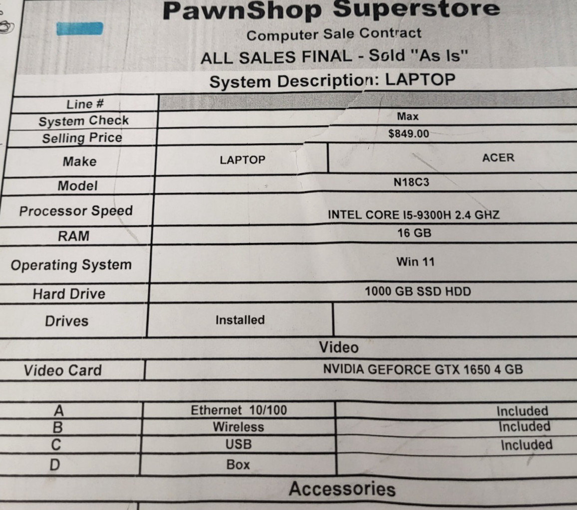 (N77150-1) Acer N18C3 Laptop
