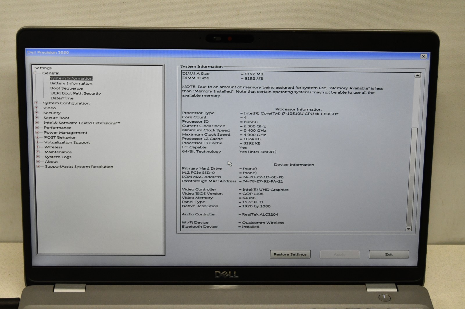 ^ Dell Precision 3550 15.6″ Intel i7-10510U @ 1.80GHz 16GB Ram No HD #X6992