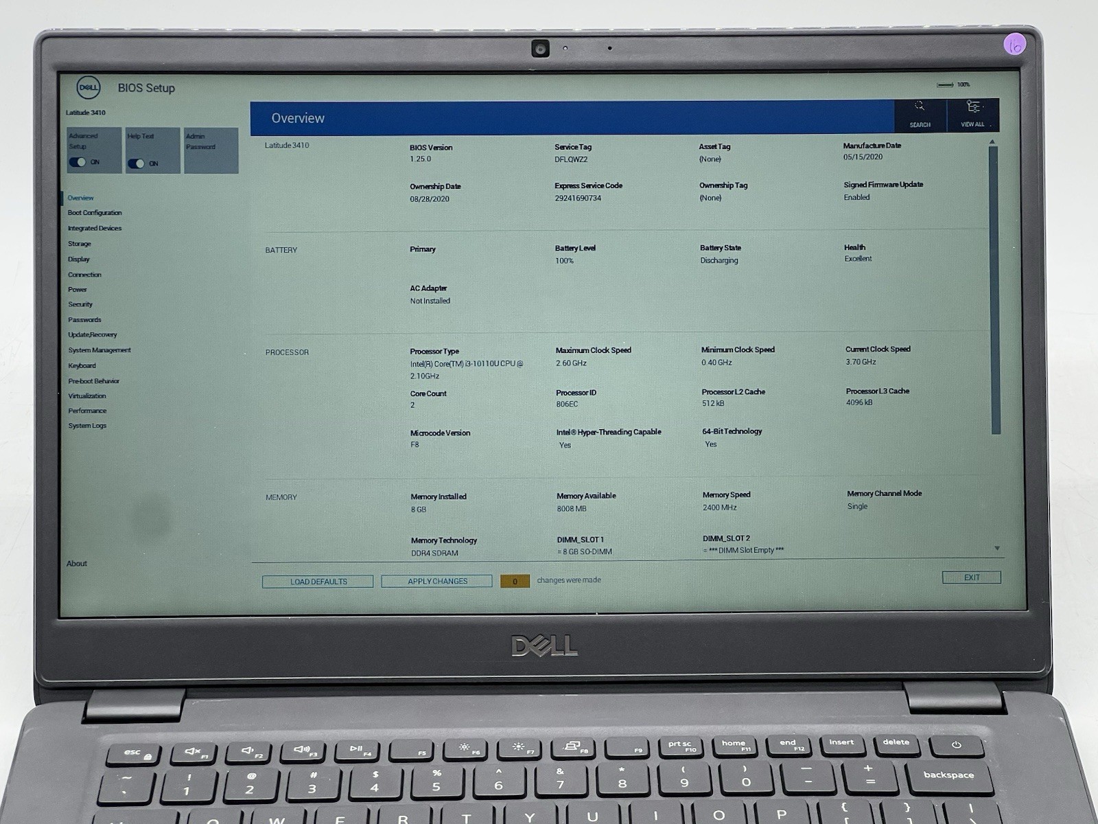 Dell Latitude 3410, i3-10110U CPU, @ 2.10GHz, 8GB RAM, 256GB SSD-No OS/AC