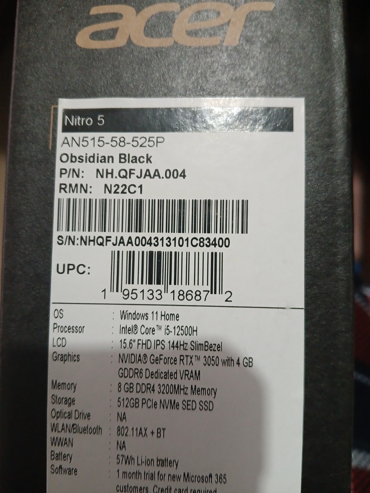 acer nitro 5 AN515-58-525 i5-12500H 8GB 512GB- FOR PARTS/MOTHERBOARD NOT WORKING
