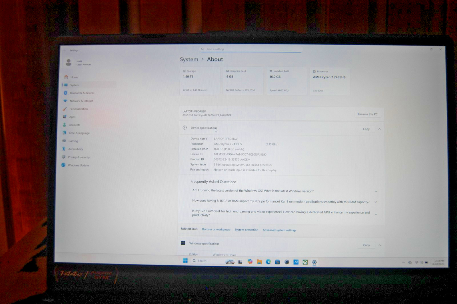 ASUS TUF A17 Gaming Ryzen 7 7435HS GTX 2050 16GB 1TB, 500GB SSD FA706NFR-RH71