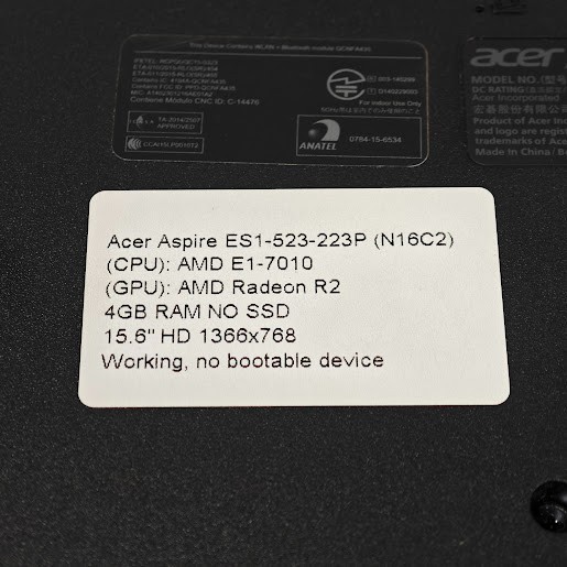 Acer Aspire ES1-523-223P Laptop – E1-7010, Radeon R2, 4GB RAM, No SSD, 15.6″ HD