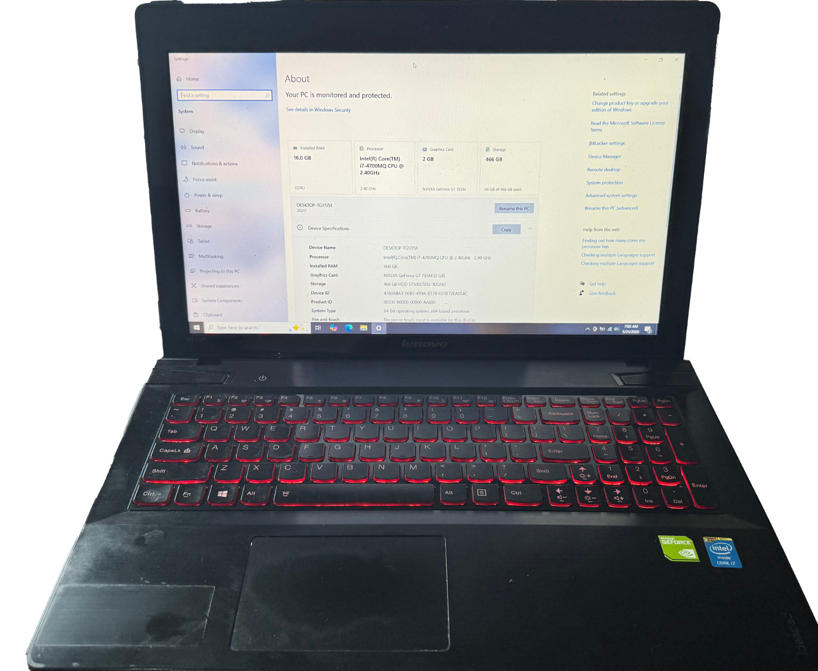 Lenovo Ideapad Y510p 15.6″ Laptop 256Gb SSD 16Gb RAM Nvidia Graphics