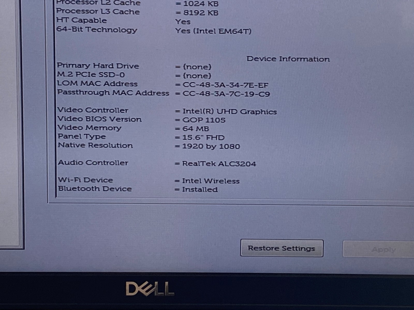 DELL PRECISION 3550 i7-10510U@1.80GHz 8GB NO SSD/OS BIOS TESTED *READ