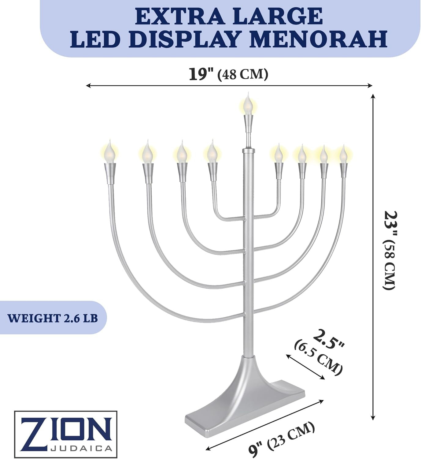 Extra Large Display Electric Menorah Satin Silver 23″ Tall – with Flame Shaped B