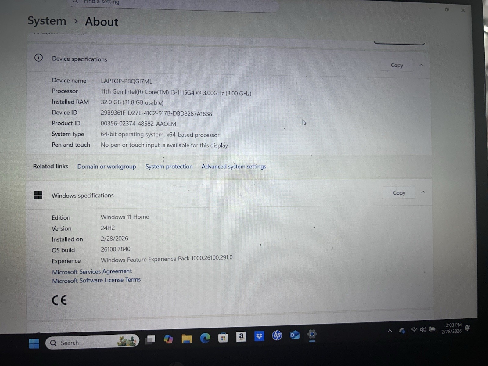 HP 15-DW3033DX Laptop 15.6″ I3-1115G4 3.00GHz, 32GB RAM, 256GB SSD, Win 11