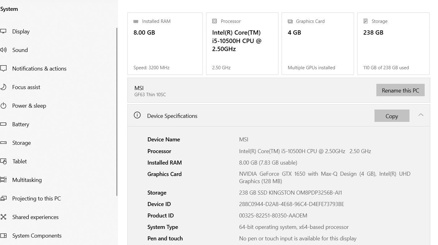 MSI GF63 -LA2 10SCXR-222 15.6” 256GB SSD Intel Core i5 10th Gen 4.50GHz, “AS IS”