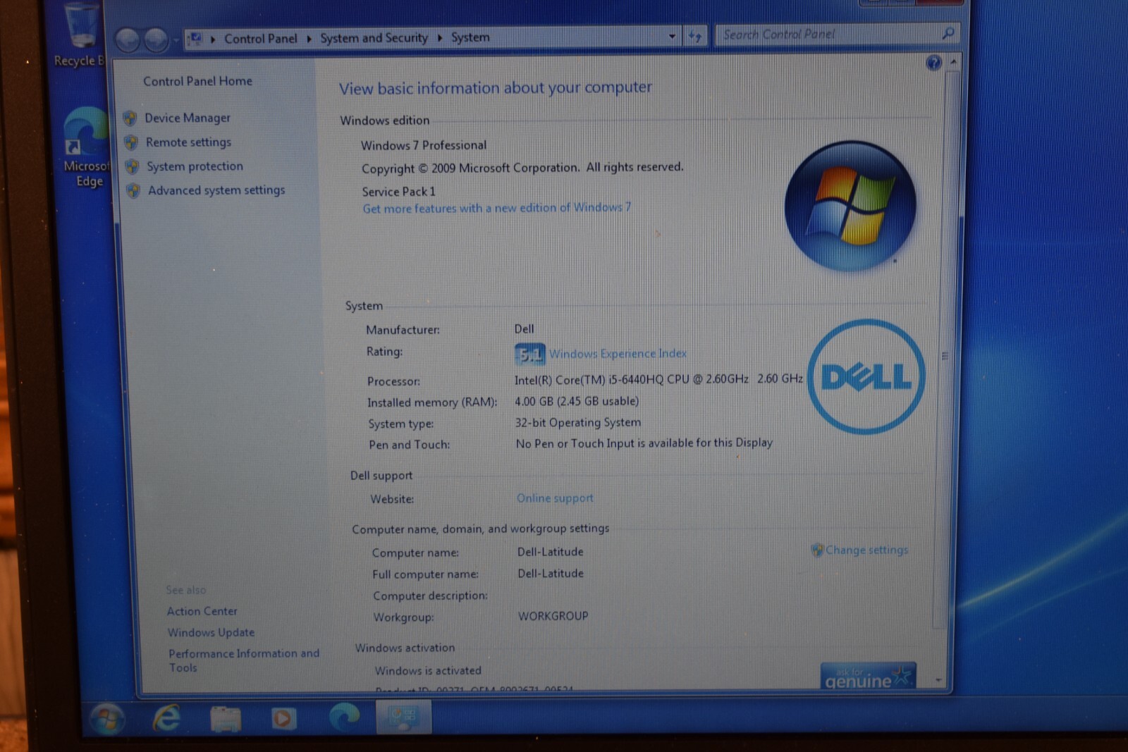 Dell Latitude E5470 Quad Core i5-6440HQ 2.6GHz 256GB SSD Windows 7 Pro 32-bit
