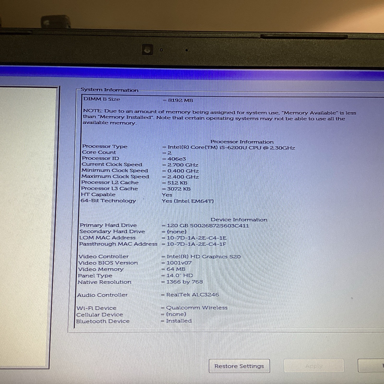 Dell Latitude 3480 14″ i5-6200U@2.30GHz 16GB RAM 120GB HDD Windows 10 Pro