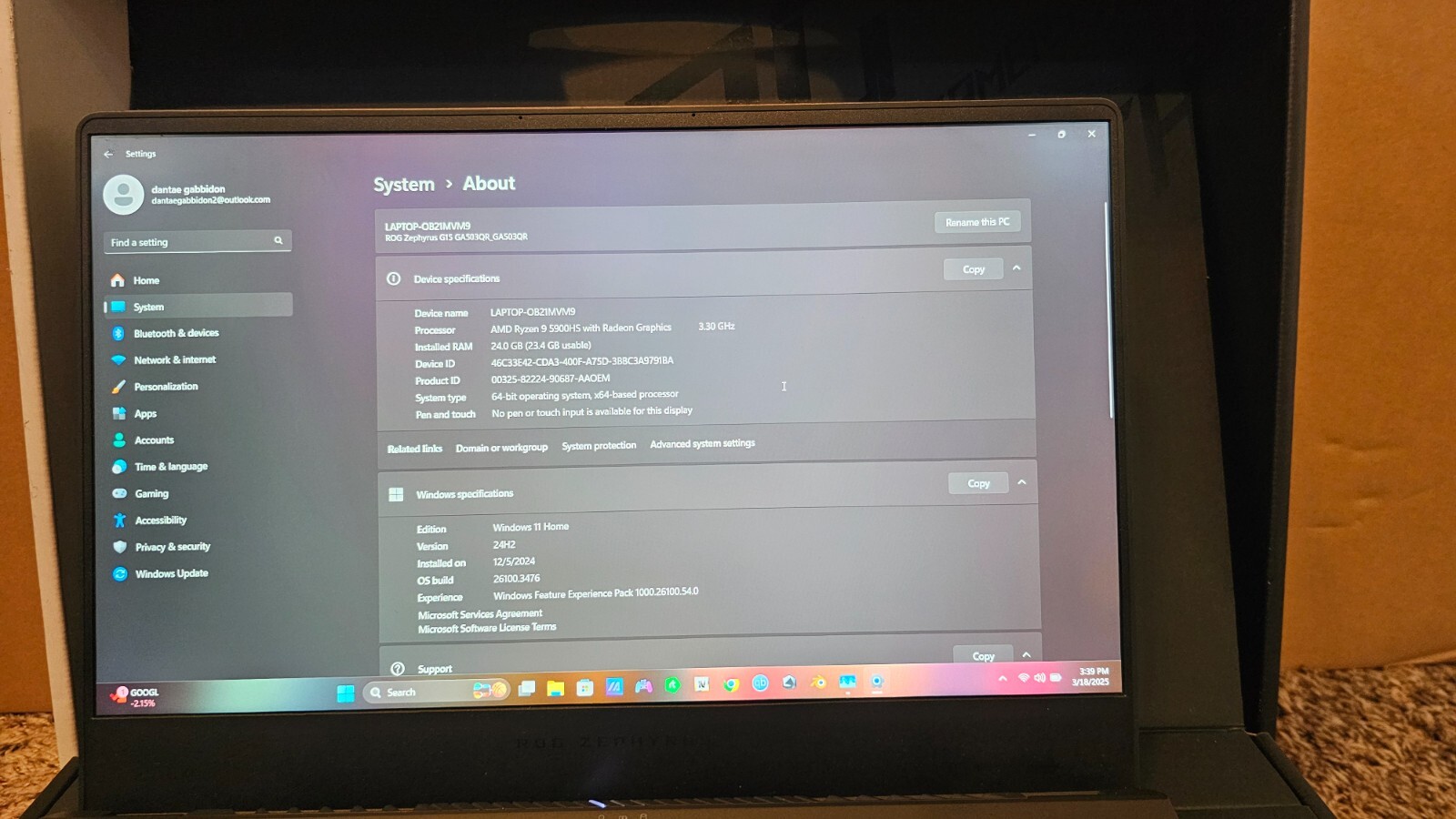 ASUS ROG Zephyrus G15 RTX 3070 1T (24Gb RAM)