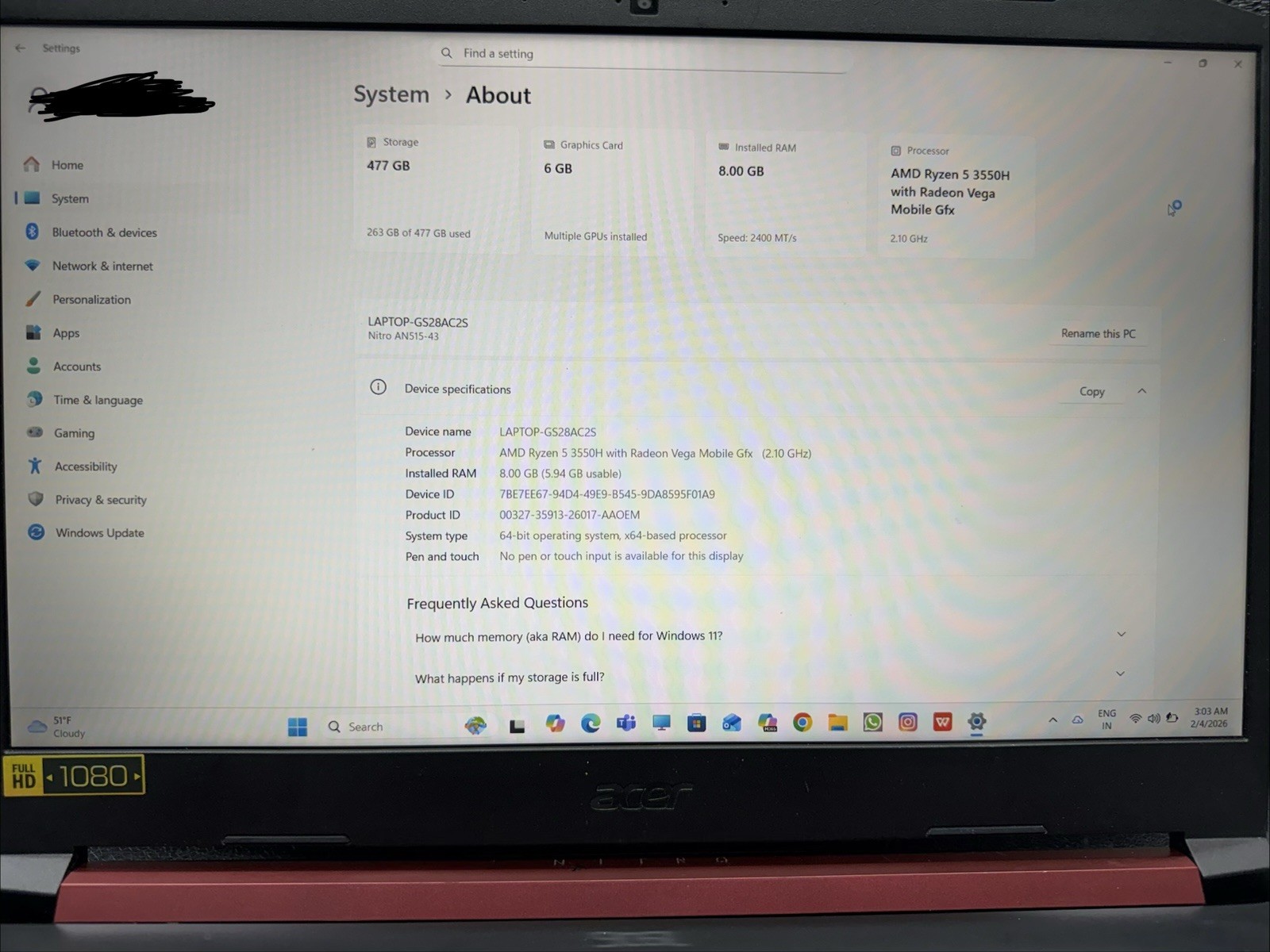 Acer Nitro 5 AN515-43 Gaming Laptop AMD Ryzen 5 GTX 8GB 477GB SSD 15.6″ FHD