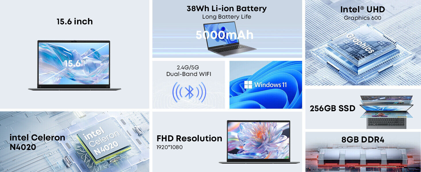 CHUWI 15.6in HeroBook Plus Laptop Windows 11 PC Intel Celereon N4020 8G 256G